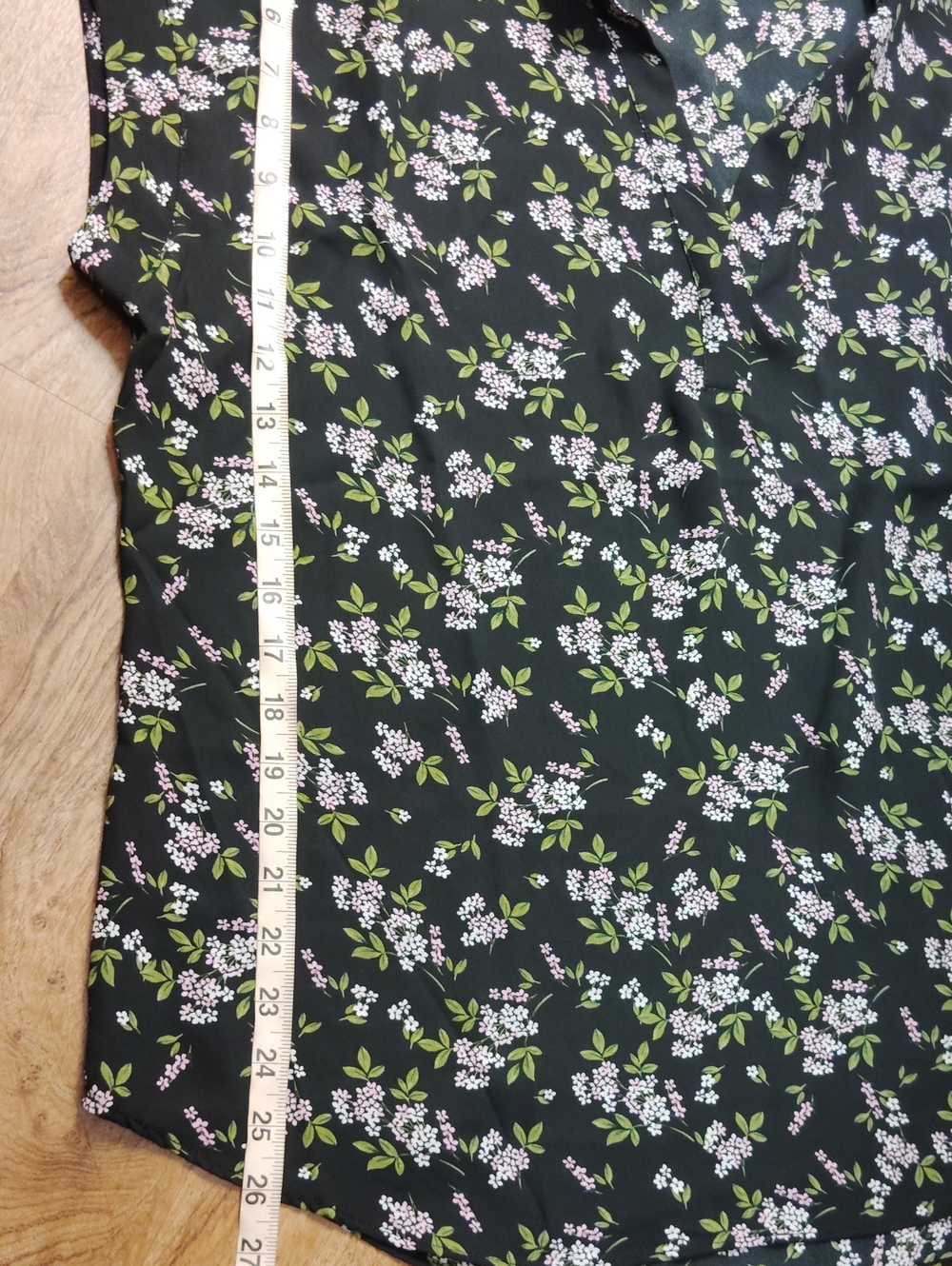 Cynthia Steffe Black V-Neck Floral Top with Pink Blossoms and Green Leaves - Picture 8 of 8